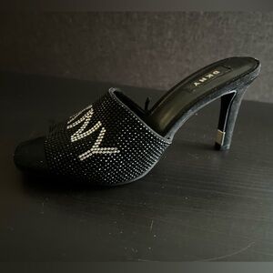 DKNY Black Crystal Logo Slide Mules heels